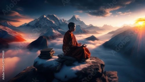 monk meditating amidst misty mountains at sunrise photo