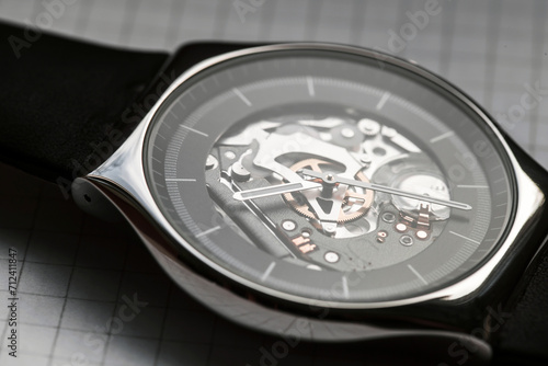 Macro photo of quartz black skeleton wrist watch