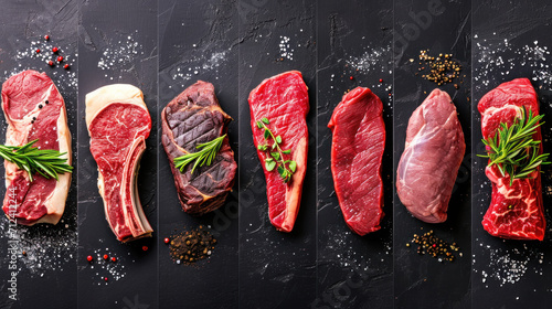 Food collage of various beef steak raw fresh meat. photo