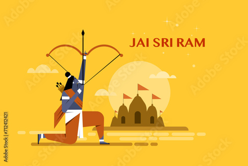 Illustration of Hindu religious deity Lord Ram holding the bow in the background Ayodhya temple