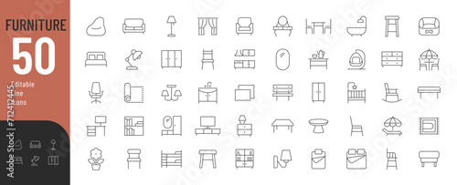 Furniture Line Editable Icons set Vector illustration in modern thin line style of furniture and decor related icons: upholstered, cabinet and garden furniture, decorative and lighting elements.