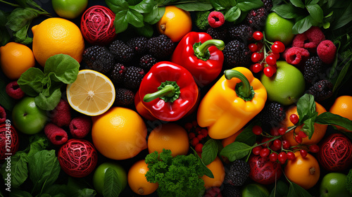 Assorted fresh ripe fruits and vegetables. Food concept background. Top view. Copy space  Generate AI