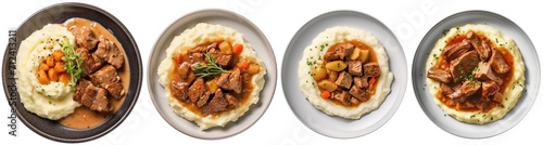 pork stew with mashed potatoes on a plate, top view