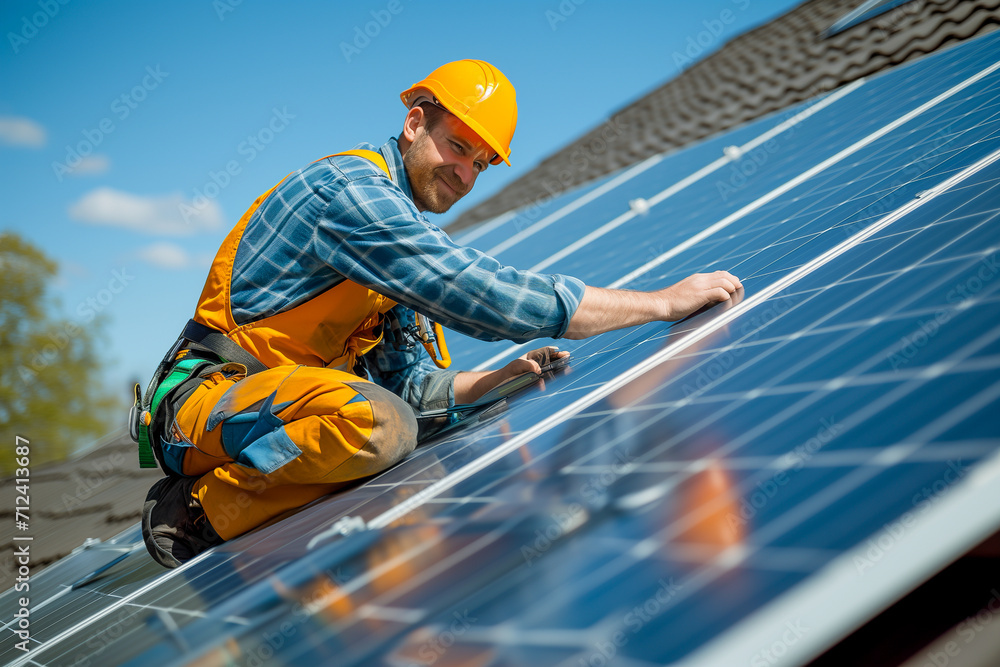 Worker with yellow helmet on the roof installing a solar system Worker with yellow helmet on the roof installing a solar system