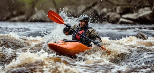 Whitewater kayaking, extreme kayaking by AI generate. © MOMO