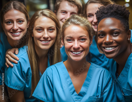 Group portrait of diverse interracial health workers in scrubs during night shift at hospital. Healthcare workers close-knit team. Happy labor Day.