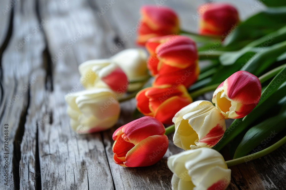 Bouquet of fresh beautiful delicate tulips on a wooden background as a gift, photo in light pastel colors, concept of Mother's Day, Women's Day, spring background, rustic style, copy space Bouquet of fresh beautiful delicate tulips on a wooden background as a gift, photo in light pastel colors, concept of Mother's Day, Women's Day, spring background, rustic style, copy space