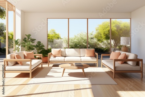 Stylish Scandinavian Apartment. Cozy and Modern Homely Vibe with Contemporary Furniture. Behind the window garden with trees, shrubs