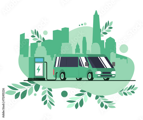 Modern electric smart suv car charging parking at the charger station with a plug in cable. Isolated flat vector illustration concept on white background. Electrified future transportation e-motion.