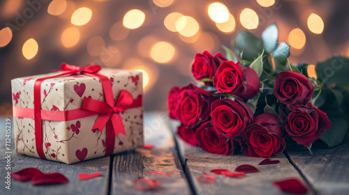 Bouquet of Red Roses and Wrapped Valentine s Gift. A classic Valentine s Day composition with red roses and a heart-patterned gift.