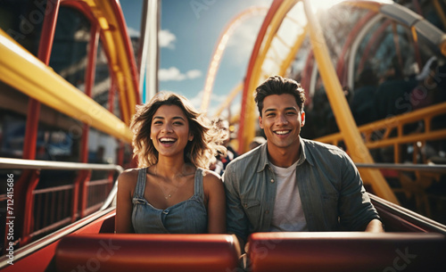 Happy Young couple on a roller coaster