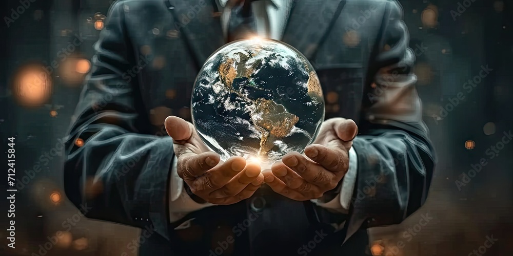 Businessman holding globe in hands representing earth care and global concept blue planet in male ecology and background of business and nature communication travel and future technology - obrazy, fototapety, plakaty 