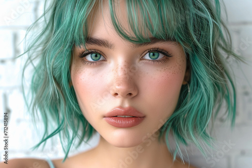 Portrait of young woman light turquoise coloured hair and green contact lenses on eyes. Photorealistic details of portrait style.