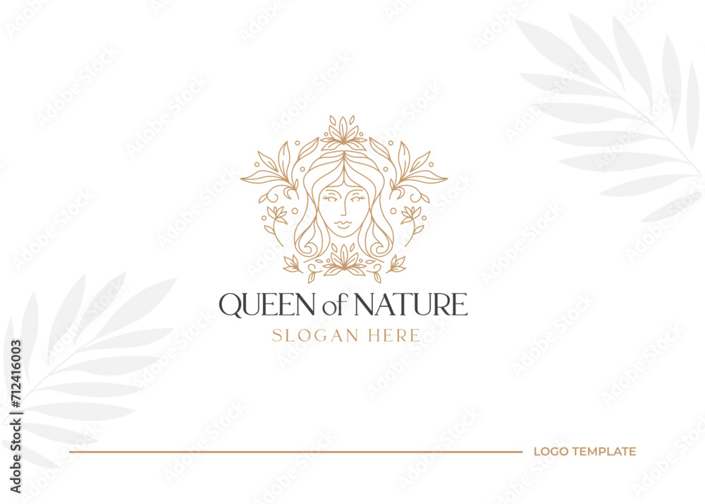 Flower magical woman portrait vector illustration beautiful forest goddess silhouette line art logo design template.