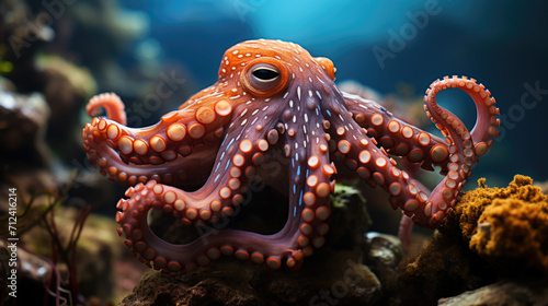 Magnificent octopus among the underwater picturesque landscape with marine life © Ruslan Gilmanshin