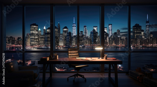 Empty office contemporary interior office with city skyline and buildings city from glass window