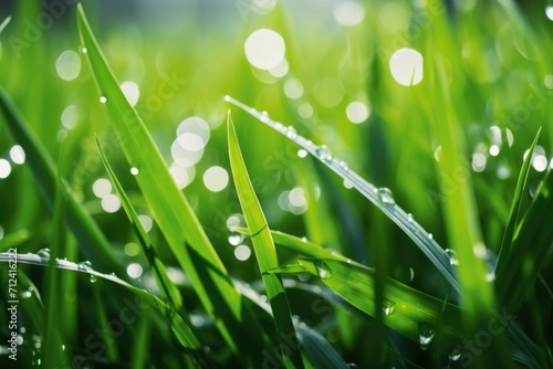 Wet Grass in Summer Sunlight. Fresh Green Plants with Water Drops After Rain. Natural Flora in