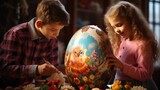 A small boy and a girl decorate a huge Easter egg 