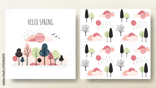 Set of spring cards with fairy trees and seamless pattern. Cartoon fantasy trees composition, frame.