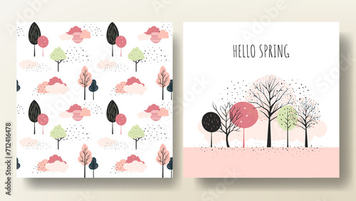 Cartoon fantasy trees composition, template. Set of spring cards with fairy trees and seamless pattern.