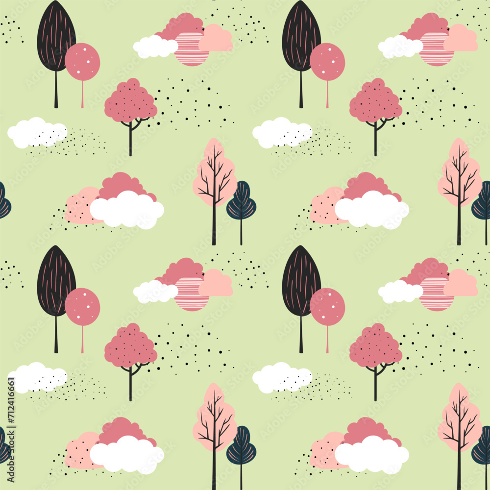 Obraz premium Cute trees seamless pattern. Scandinavian trees and clouds vector wallpaper. Childish fantasy background.