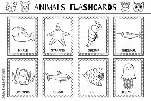 Sea animals flashcards black and white collection for kids. Flash cards set with cute characters for coloring in outline. Whale, shrimp, fish and more. Vector illustration