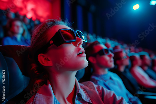 3D-Filmbegeisterung: Gruppe begeisterter Menschen mit 3D-Brillen erlebt gemeinsam ein faszinierendes Kinoerlebnis photo