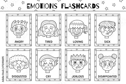 Emotions flashcards black and white collection. Flash cards set with cute kids characters for coloring in outline. Learn feelings vocabulary for school and preschool. Vector illustration
