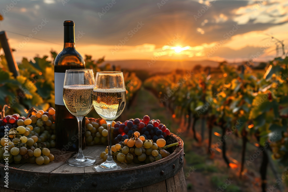 A vineyard at sunset with wine glasses, sparkling wine, grapes on a barrel in a picturesque setting.
