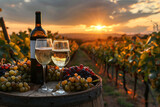 A vineyard at sunset with wine glasses, sparkling wine, grapes on a barrel in a picturesque setting.
