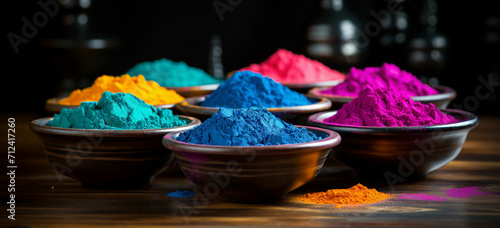 Holi color powder bowls near small slate on black background-