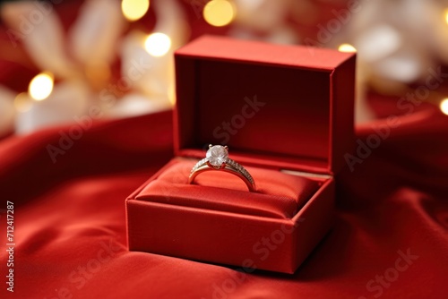 A romantic engagement ring in a red box, symbolizing love and commitment, with a floral touch. © Iryna