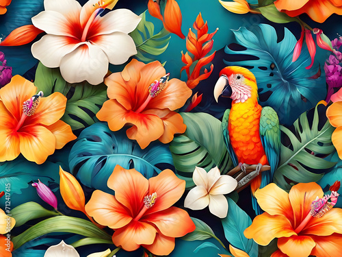 Tropical exotic background with flowers and macaw bird in bright colors. generative AI  © Lovely