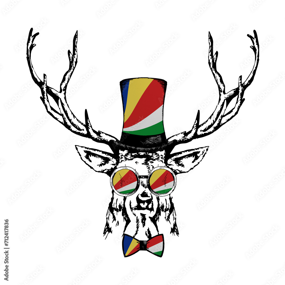 Deer drawn portrait. Patriotic sublimation in colors of national flag on white background. Seychelles