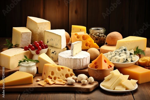 a large assortment of cheeses on a wooden background