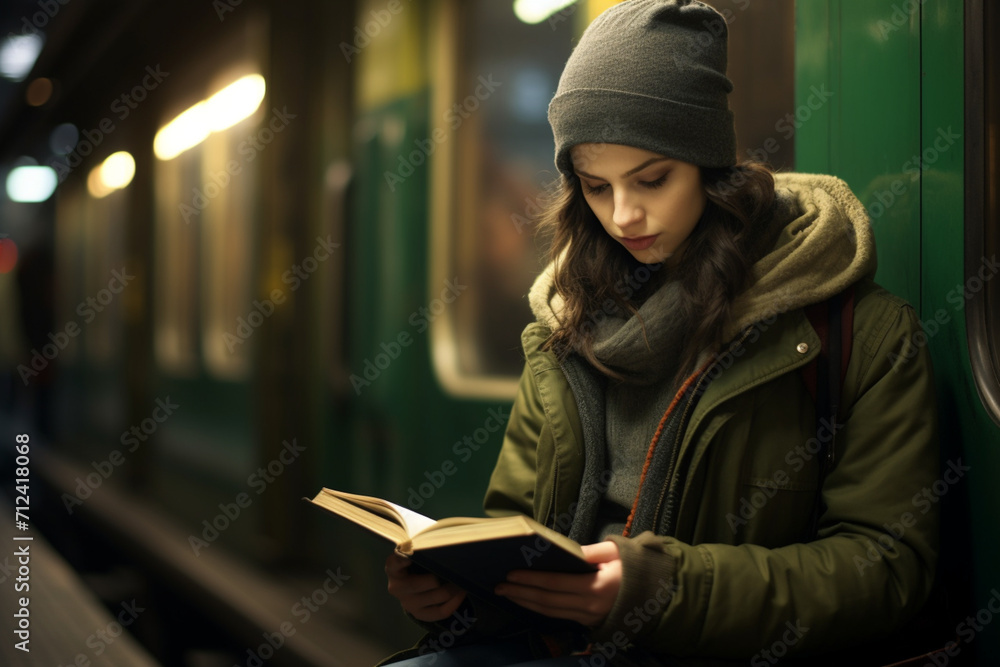 Beggar woman reading the book in underground subway Beggar woman reading the book in underground subway