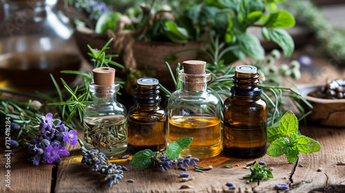 Assortment of essential oil bottles with fresh herbs. selective focus. Generative AI 