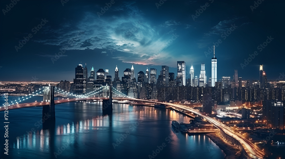 New York City Aerial Night Cityscape with Stunning Manhattan Landmarks, Skyscrapers and Residential Buildings. Wide Angle Panoramic Helicopter View of a Popular Travel Destination New York City Aerial Night Cityscape with Stunning Manhattan Landmarks, Skyscrapers and Residential Buildings. Wide Angle Panoramic Helicopter View of a Popular Travel Destination