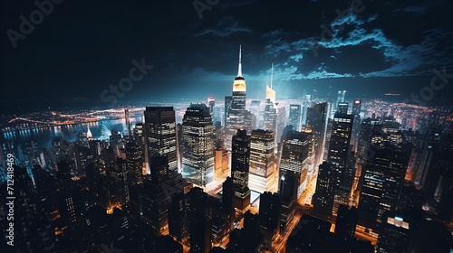 New York City Aerial Night Cityscape with Stunning Manhattan Landmarks, Skyscrapers and Residential Buildings. Wide Angle Panoramic Helicopter View of a Popular Travel Destination photo
