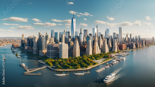 Scenic Aerial New York City View of Manhattan Residential and Office Architecture. Panoramic Evening Sunset Photo from a Helicopter. Cityscape with Skyscrapers Near Central Park in Midtown Area