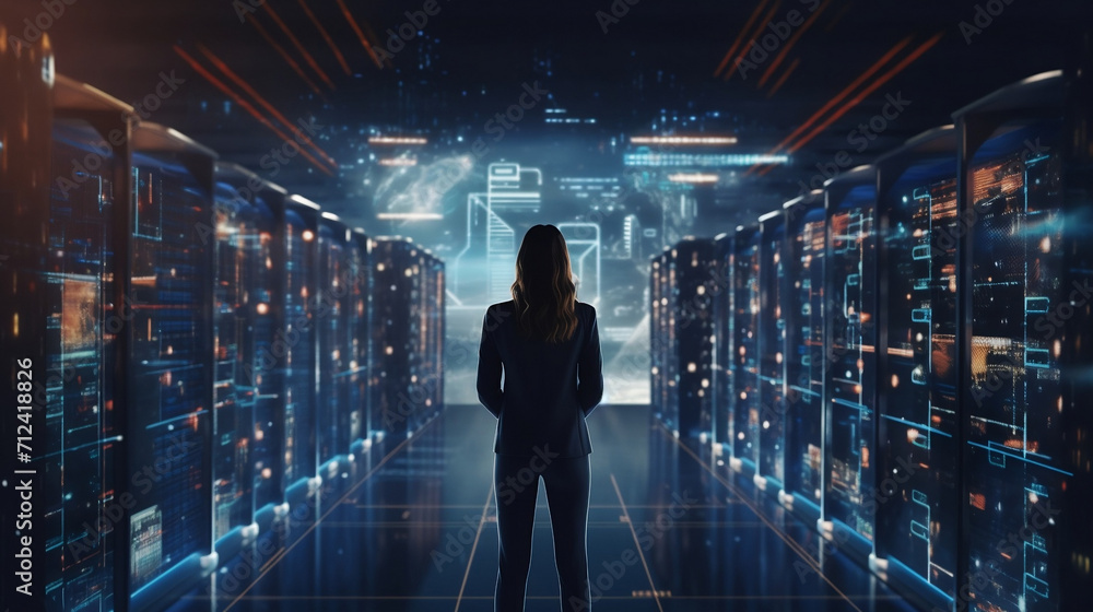 3D Graphics Concept: Big Data Center Female Chief Technology Officer Using Laptop Standing In Warehouse, Activates Servers, Information Digitalization Starts. SAAS, Cloud Computing, Online 3D Graphics Concept: Big Data Center Female Chief Technology Officer Using Laptop Standing In Warehouse, Activates Servers, Information Digitalization Starts. SAAS, Cloud Computing, Online