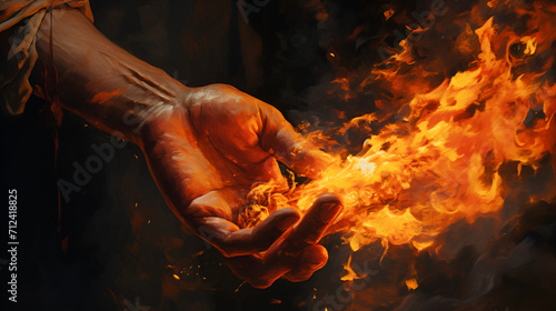 Hand holding fire in a black background