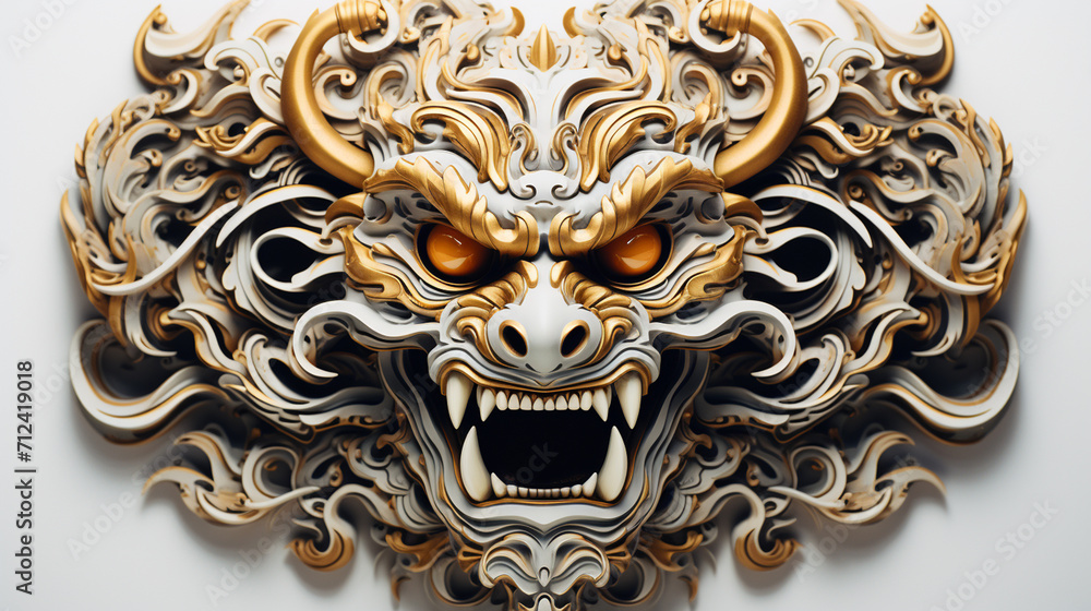Balinese motif lion illustration, beautiful carving , very fierce, sharp gaze, red colorful , red , white , generate AI