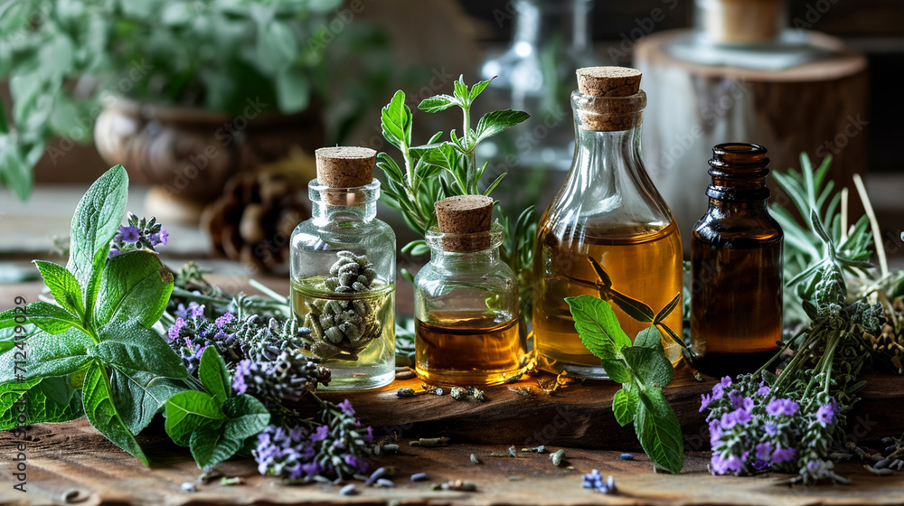 Assortment of essential oil bottles with fresh herbs. selective focus. Generative AI, Assortment of essential oil bottles with fresh herbs. selective focus. Generative AI,