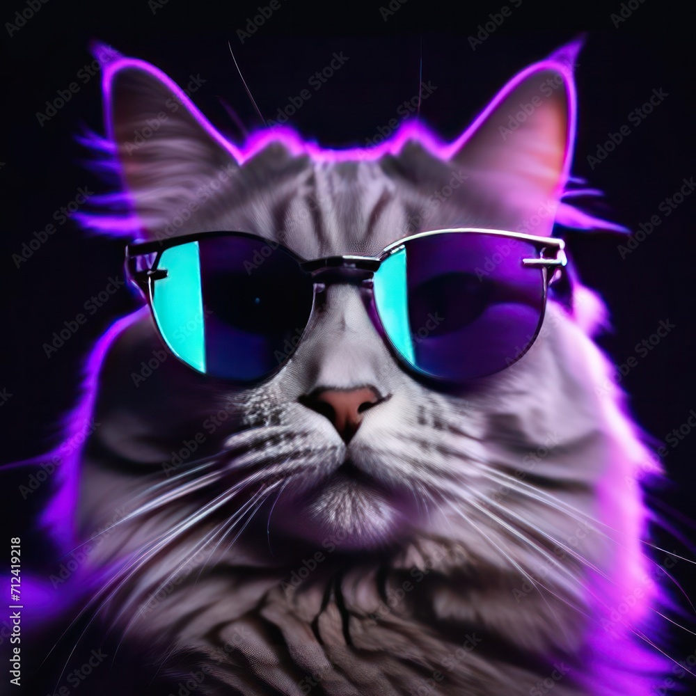 gray cat in sunglasses on black background with purple cyan neon light banner. Cryptocurrency, business, investment company creative ad. gray cat in sunglasses on black background with purple cyan neon light banner. Cryptocurrency, business, investment company creative ad.