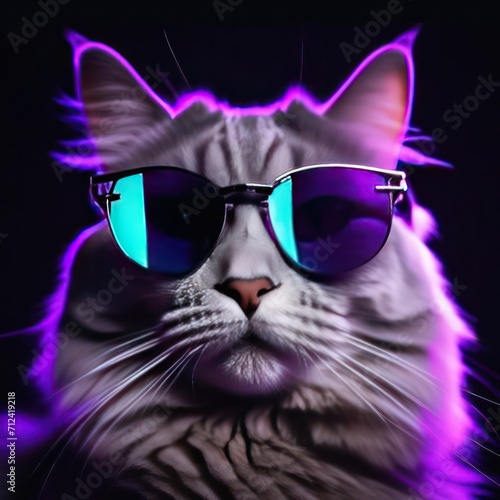 gray cat in sunglasses on black background with purple cyan neon light banner. Cryptocurrency, business, investment company creative ad. © Dina