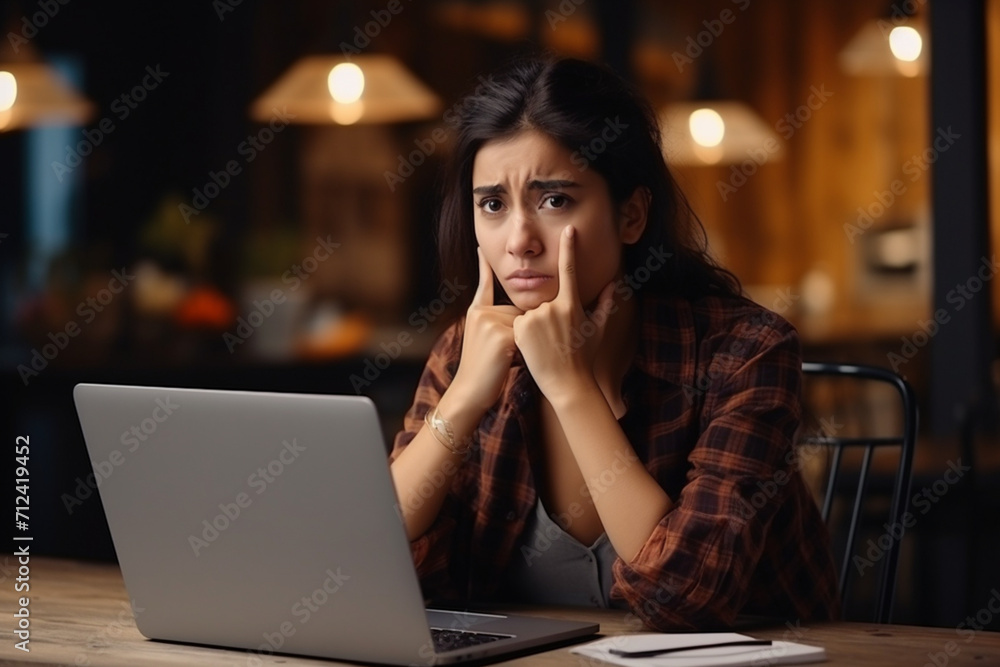 Business woman who owns small business is not satisfied with her company earnings. Student is frustrated because of bad results in last exam. Housewife receives bad news to email on laptop computer Business woman who owns small business is not satisfied with her company earnings. Student is frustrated because of bad results in last exam. Housewife receives bad news to email on laptop computer