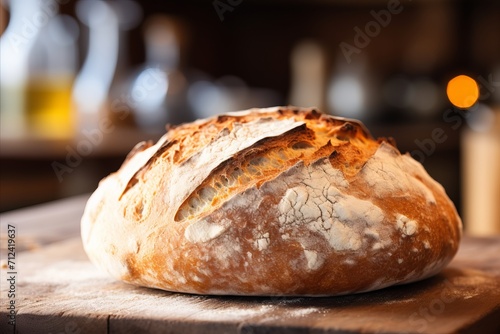Deliciously Freshly Baked Round Bread on Rustic Wooden Board - Perfectly Tempting Bakery Treat