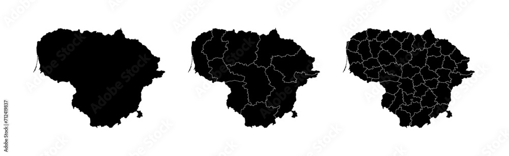 Fototapeta premium Set of isolated Lithuania maps with regions. Isolated borders, departments, municipalities.