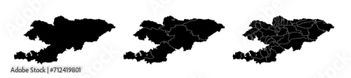 Set of isolated Kyrgyzstan maps with regions. Isolated borders, departments, municipalities.